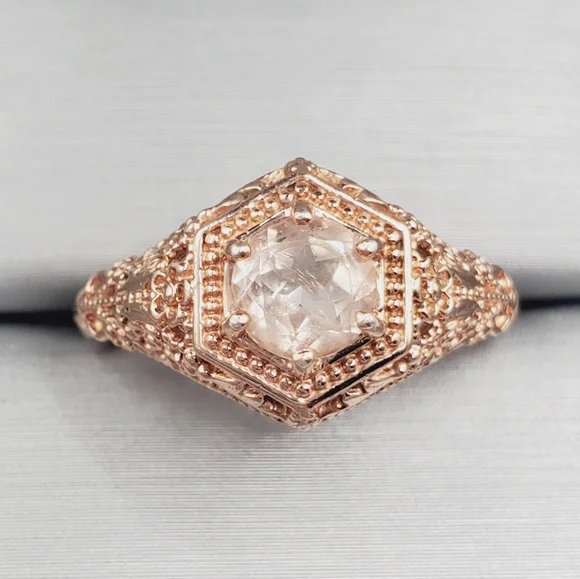Genuine Round Morganite 14k Rose Gold - 925 Sterling Silver Filigree Floral Ring - Picture 2 of 8